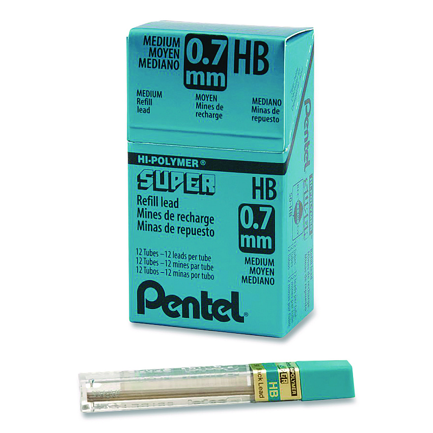 Pentel Super Hi-Polymer Lead Refills, 0.7 mm, HB, Black, 12 Leads/Tube, 12 Tubes/Box (50HBBX)