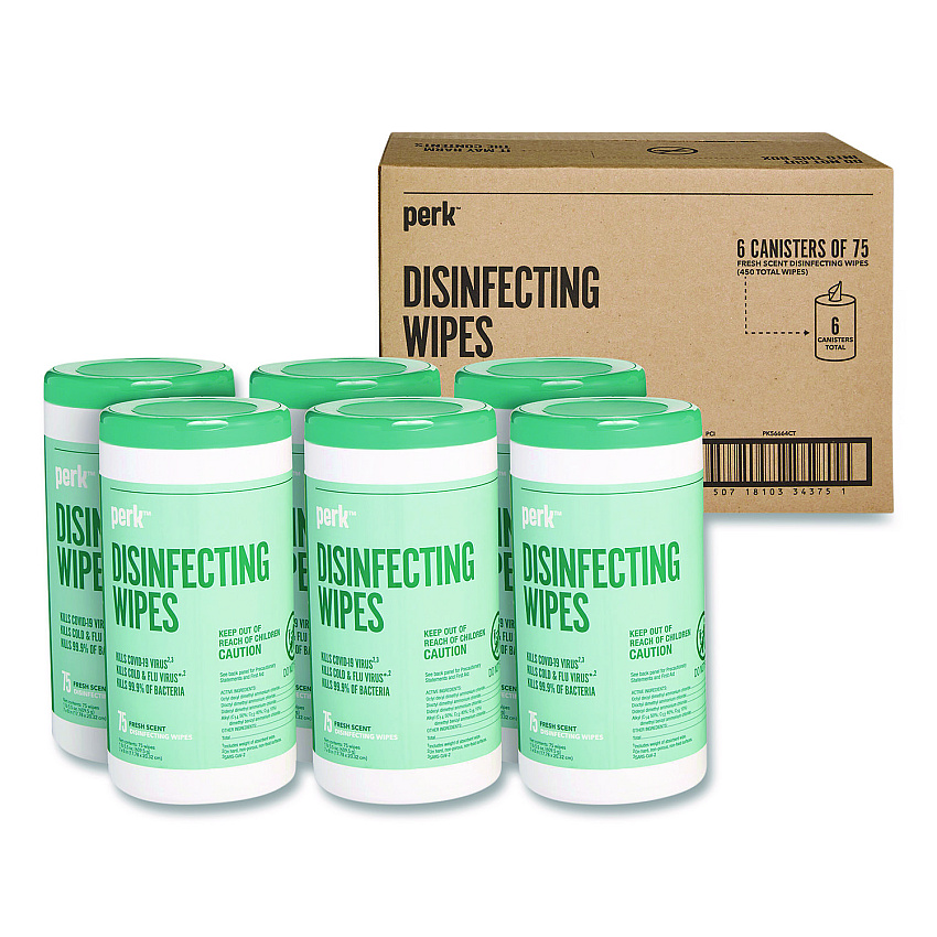 Perk Disinfecting Wipes, 7 x 8, Fresh, White, 75 Wipes/Canister, 6/Carton (PK56664CT)