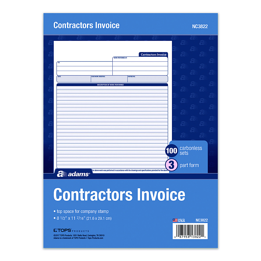 Adams Multipart Contractor Invoice Forms, Three-Part Carbonless, 8.5 x 10.94, 100 Forms Total (NC3822)