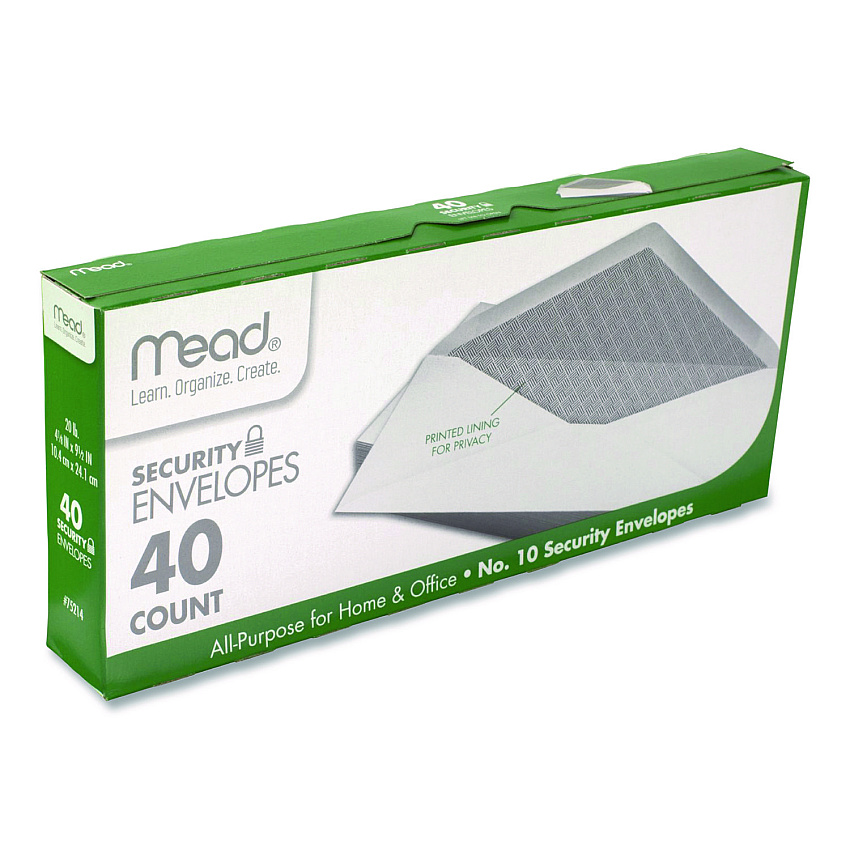 Mead Security Tint Business Envelopes, #10, Monarch Flap, Gummed Closure, 4.13 x 9.5, White, 40/Pack (75214)