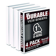 Samsill Durable D-Ring View Binders, 3 Rings, 1" Capacity, 11.5" x 8.5", White, 4/Pack (MP46437)