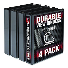 Samsill Durable D-Ring View Binders, 3 Rings, 1.5" Capacity, 11.5" x 8.5", Black, 4/Pack (MP46450)