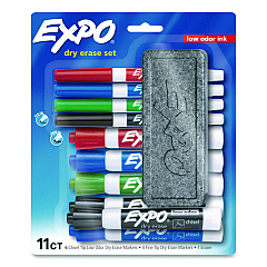 EXPO Low-Odor, Dry Erase 10-Color Marker and Eraser Set, Broad Chisel/Fine Bullet Tips, Assorted Colors, 11 Pieces/Set (2211243)