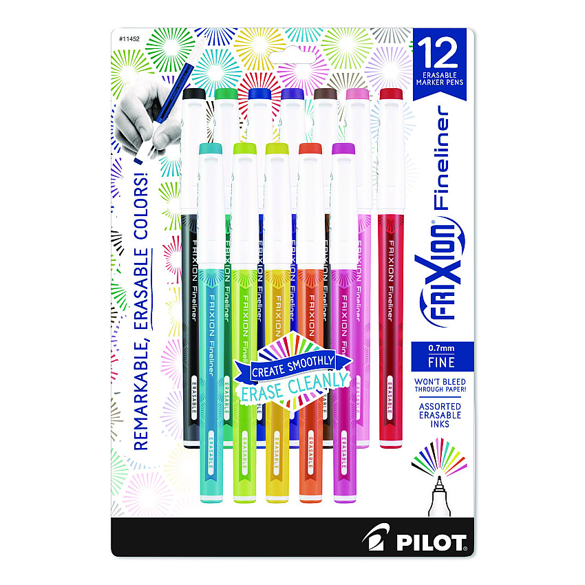 Pilot FriXion Fineliner Erasable Porous Point Pen, Stick, Fine 0.7 mm, Assorted Ink, Assorted Barrel, 12/Pack (11452)