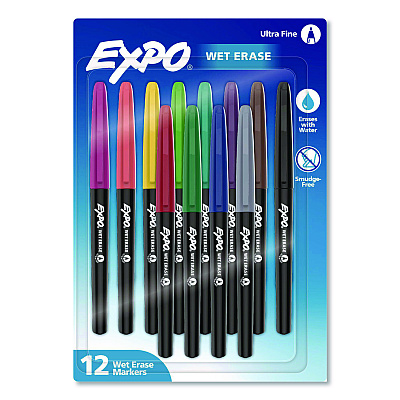 EXPO Wet Erase Markers, Ultra Fine Needle Tip, Assorted Colors, 12/Pack (2211351)