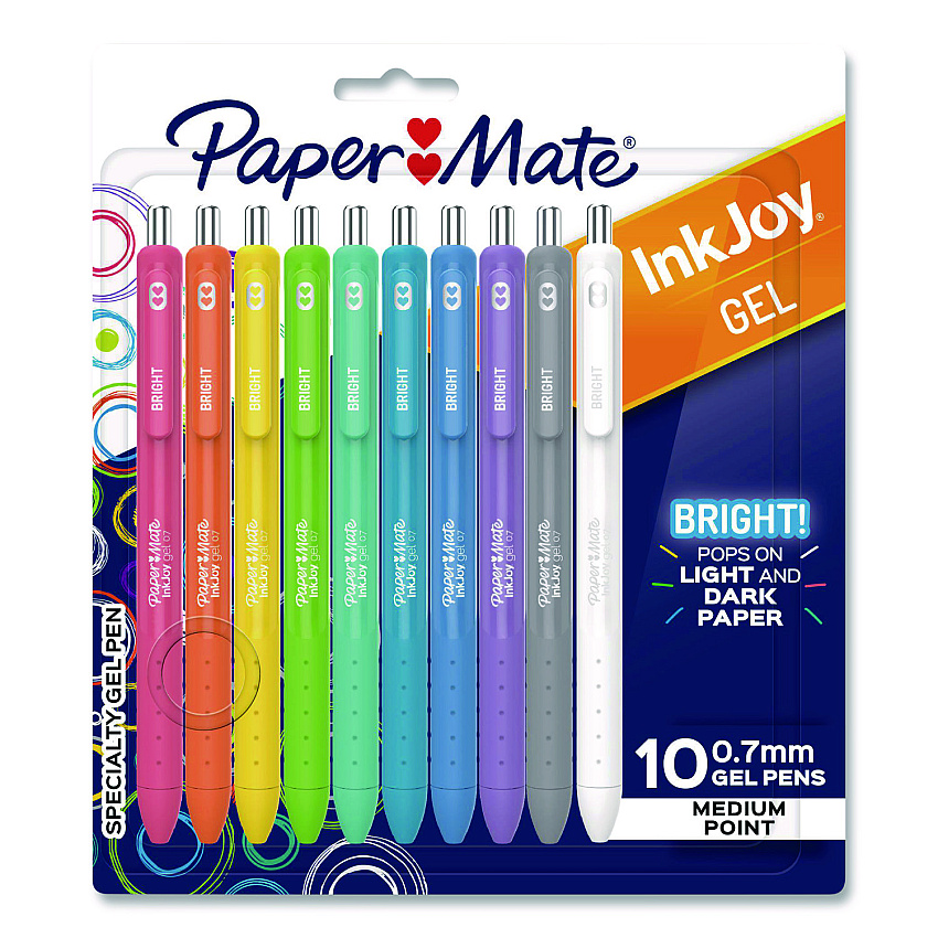 Paper Mate InkJoy Gel Bright Gel Pen, Retractable, Medium 0.7 mm, Assorted Ink, Assorted Barrel, 10/Pack (2173764)