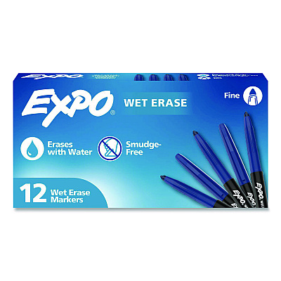 EXPO Wet Erase Markers, Fine Needle Tip, Blue, 12/Pack (2211319)