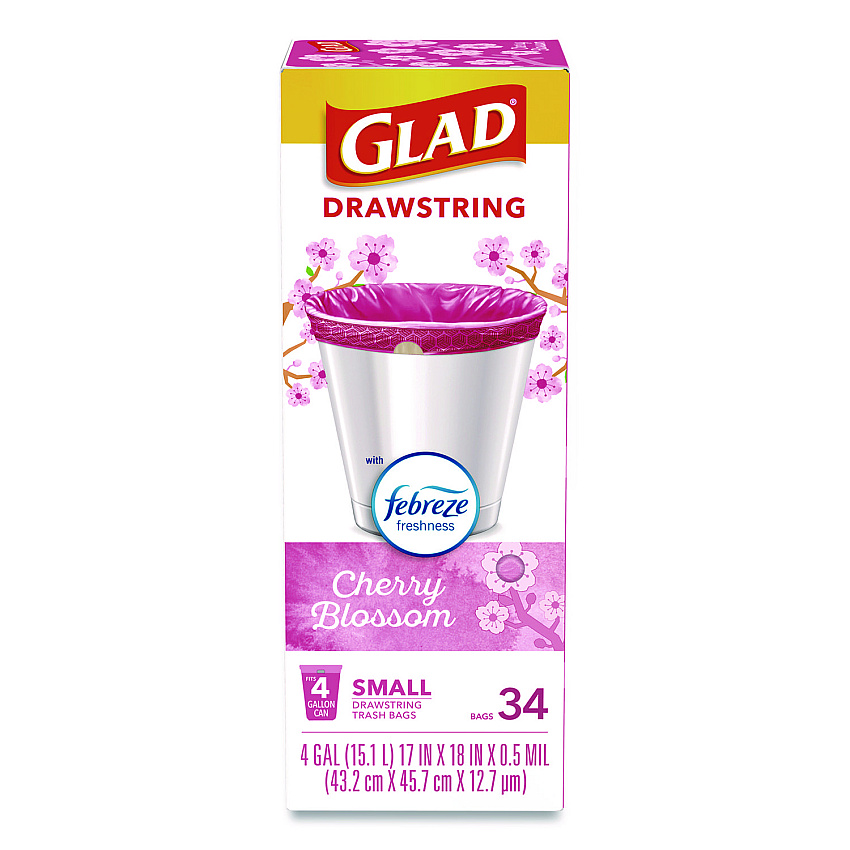 Glad OdorShield Small Drawstring Trash Bags, 4 gal, Cherry Blossom Scent, 0.5 mil, 18" x 17", Pink, 34/Box (79274)