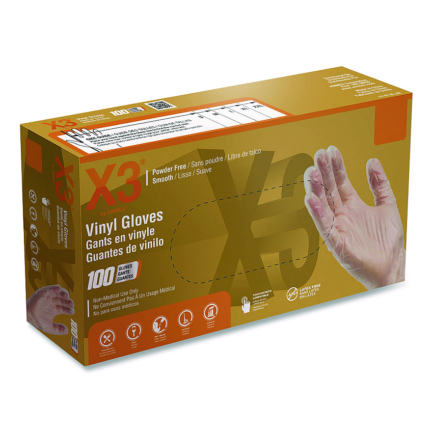X3 by AMMEX Industrial Vinyl Gloves, Powder-Free, Small, 3 mil Thick, 9.5" Long, Clear, 100/Box (GPX342100BX)