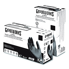 GloveWorks by AMMEX Nitrile Exam Gloves, Powder-Free, Small, 6 mil Thick, 9.5" Long, Black, 100/Box (GWBEN42100BX)