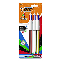 BIC 4-Color Shine Multi-Color Ballpoint Pen, Retractable, Medium 1mm, Black/Blue/Green/Red Ink, Assorted Metallic Barrels, 3/Pack (MMMTP31AST)
