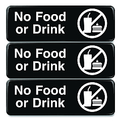 Excello Global Products No Food or Drink Wall Sign, 9" x 3", Black Face, White Graphics, 3/Pack (EGPHD0267S)