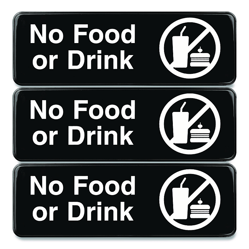 Excello Global Products No Food or Drink Wall Sign, 9" x 3", Black Face, White Graphics, 3/Pack (EGPHD0267S)