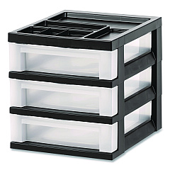 Iris 3-Drawer Desktop Storage with Top Organizer Tray, Plastic, 12.17 x 14.33 x 12.93, Black/Translucent (116351)