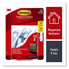 Command General Purpose Hooks, Large, Plastic, White, 5 lb Capacity, 12 Hooks and 18 Strips/Pack (17003CLUB)