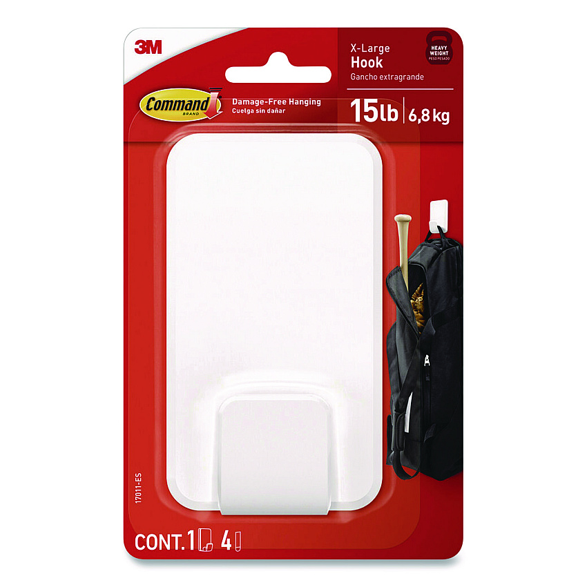 Command X-Large Utility Hooks, Plastic, White, 15 lb Capacity, 1 Hook and 4 Strips (17011ES)
