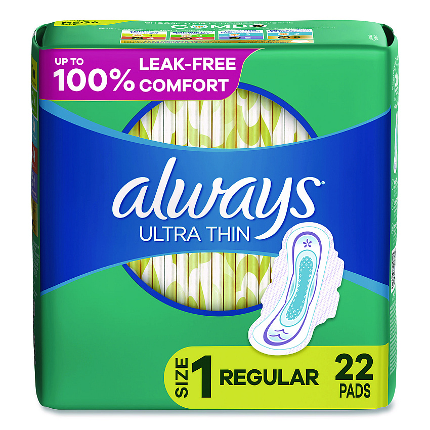 Always Ultra Thin Pads with Wings, Size 1, Regular Absorbency, 22 Pads/Pack, 12 Packs/Carton (03339)
