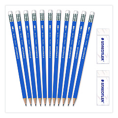 Staedtler Pre-Sharpened Wooden Pencils with (20) Block Erasers, HB #2 Black Lead, Blue Barrel, 250/Pack (13246C250)