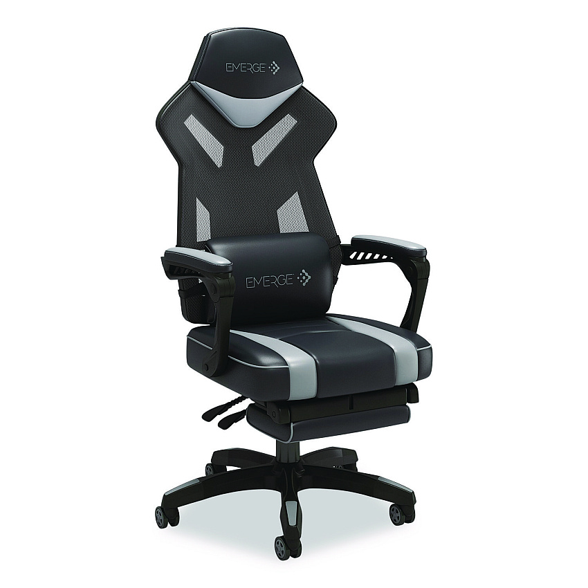 Emerge Vomax Bonded Leather Gaming Chair, Supports Up to 275 lb, 18.5" to 22.2" Seat Height, Black/Gray Back/Seat, Black Base (61364)