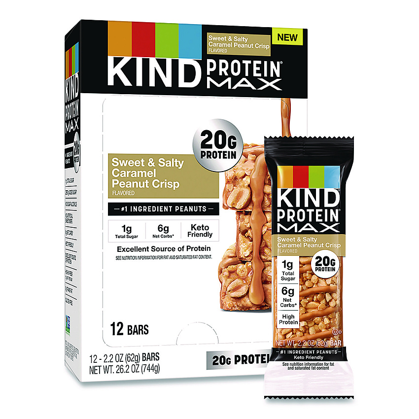 KIND Protein MAX Bar, Sweet and Salty Caramel Peanut Crisp, 2.2 oz Bar, 12/Box (PHW43475)