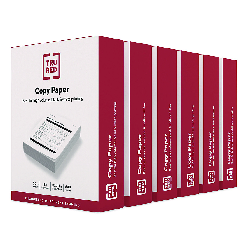 TRU RED Copy Paper, 92 Bright, 20 lb Bond Weight, 8.5 x 11, 600 Sheets/Ream, 6 Reams/Carton (TR62091)