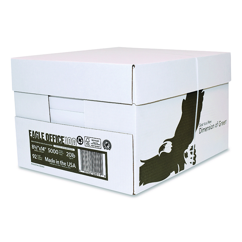 American Eagle Paper Mills Recycled Multipurpose Paper, 92 Bright, 20 lb Bond Weight, 8.5 x 14, White, 500/Ream, 5 Reams/Carton (31550502CT)
