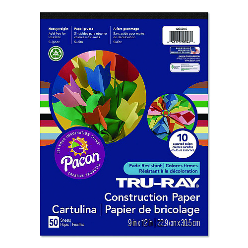 Pacon Tru-Ray Construction Paper, 9 x 12, Assorted Colors, 50 Sheets/Pad (P1000046)