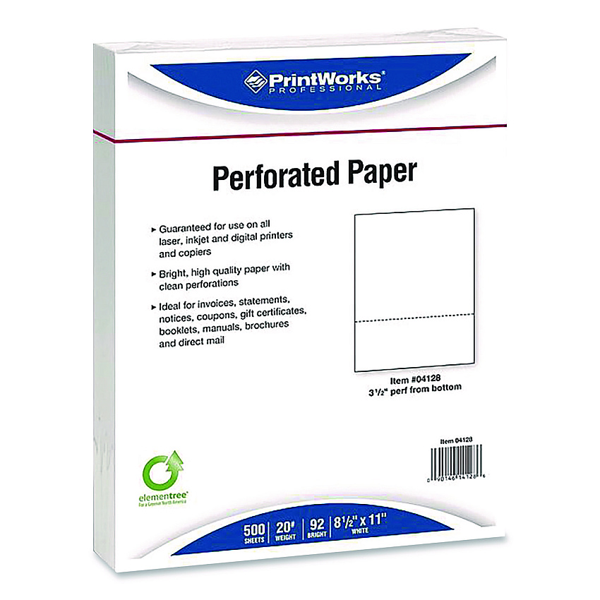 Printworks Professional Perforated Paper, 92 Bright, Perforated 3.5" from Bottom, 8.5 x 11, White, 500 Sheets/Ream, 5 Reams/Carton (04128)