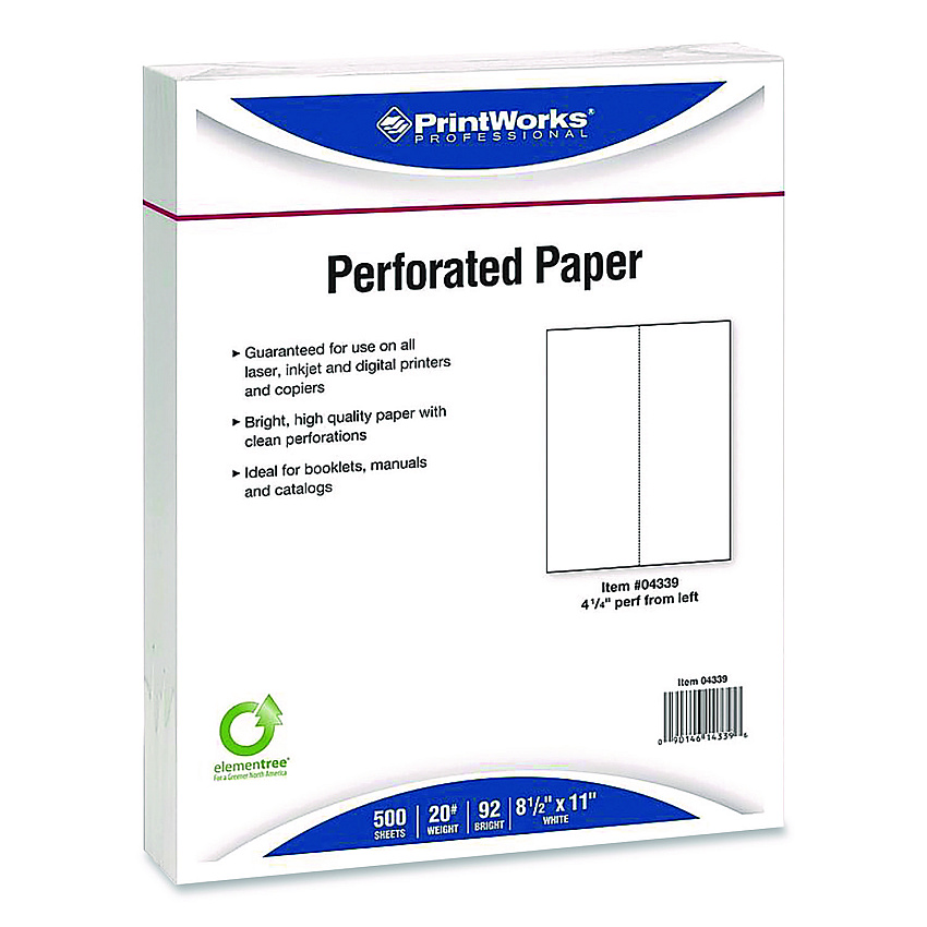 Printworks Professional Perforated Paper, 92 Bright, Perforated 4.25" from Left, 8.5 x 11, White, 500 Sheets/Ream, 5 Reams/Carton (04339)