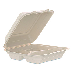 Dart Compostable Molded Fiber Hinged Trays, ProPlanet Seal, 3 Compartments, 9.14 x 9 x 2.98, Natural, 200/Carton (90FBRHT3)