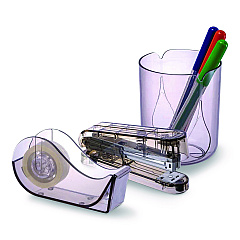 Officemate Recycled Plastic Three-Piece Desk Set: (1) Pencil Cup, (1) Stapler, (1) Tape Dispenser, (1) Roll of Tape, Translucent Ash (97712)