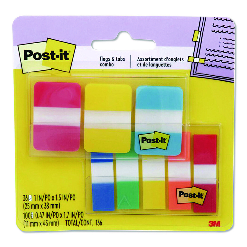 Post-it Tabs and Flags Combo Pack, 100 0.47" Flags, 36 1" Tabs, Assorted Colors (686COMBO1)