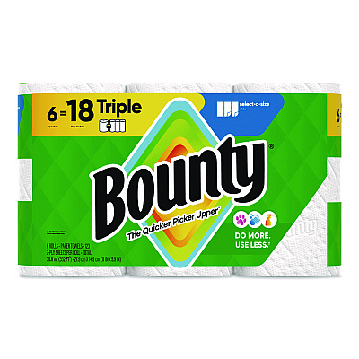 Bounty Select-a-Size Kitchen Roll Paper Towels, 2-Ply, 5.9 x 11, White, 123 Sheets/Triple Roll, 6 Rolls/Carton (16020)