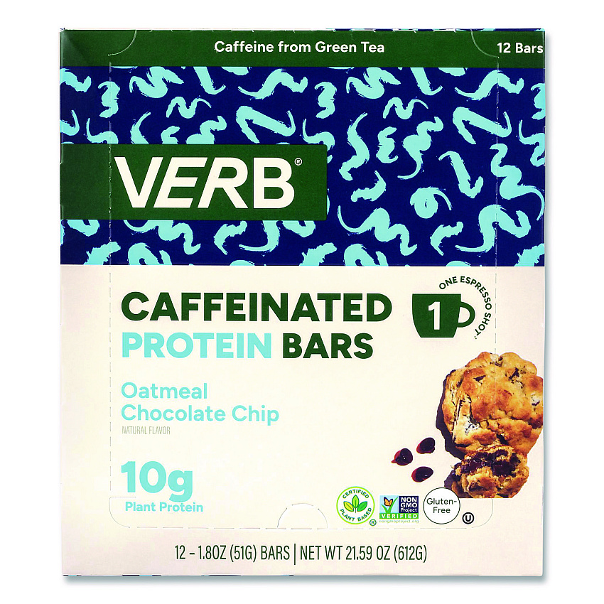 VERB Energy Caffeinated Protein Bar, Oatmeal Chocolate Chip, 1.8 oz Bar, 12/Box (22002523)