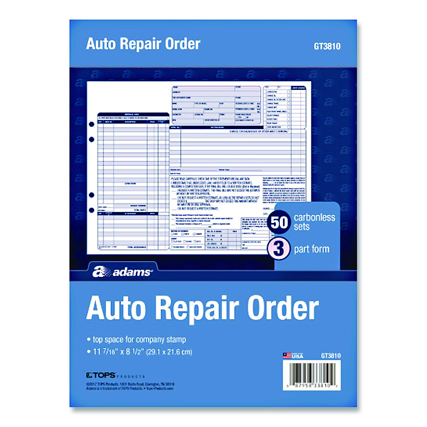 Adams Multipart Auto Repair Work Order Forms, Three-Part Carbonless, 8.5 x 6.94, 50 Forms Total (GT3870)