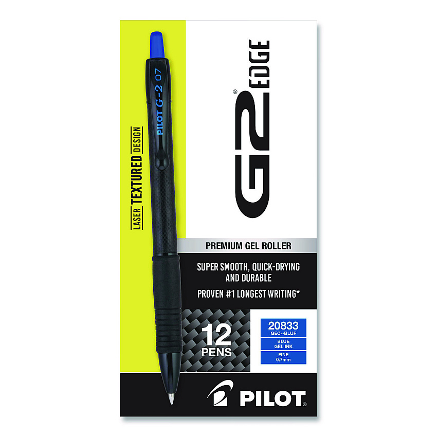 Pilot G2 Edge Premium Gel Roller Pen, Retractable, Fine 0.7 mm, Blue Ink, Black/Blue Barrel, Dozen (20833)