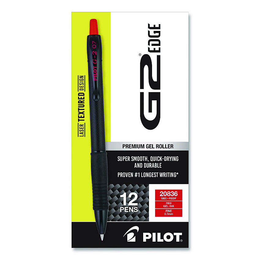 Pilot G2 Edge Premium Gel Roller Pen, Retractable, Fine 0.7 mm, Red Ink, Black/Red Barrel, Dozen (20836)