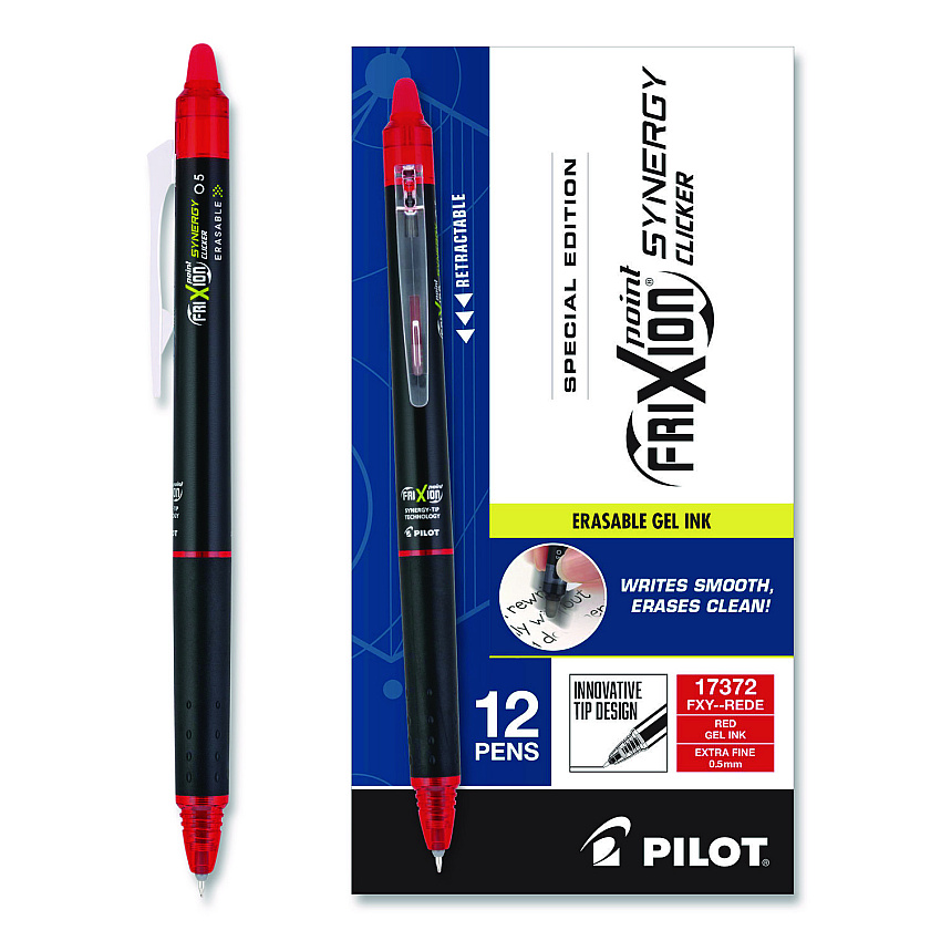 Pilot Frixion Synergy Clicker Erasable Gel Pen, Retractable, Extra Fine 0.5 mm, Red Ink, Black/Red Barrel, Dozen (17372)
