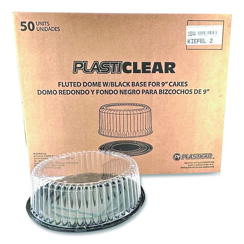 Plastifar Bakery Containers, 9" Cake Container, 11.2" Diameter x 3.5" h, Black/Clear, 50/Carton (18244)