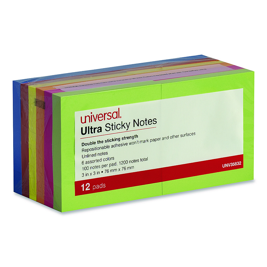 Universal Ultra Sticky Note Pads, 3" x 3", Assorted, 100 Sheets/Pad, 12 Pads/Pack (35632)