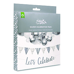 PUKKA PAD Silver and White Balloon Arch/Garland Party Pack, 46 Balloons, Balloon Strip, 2 Garlands, Glue Dots, Let's Celebrate Message (650)