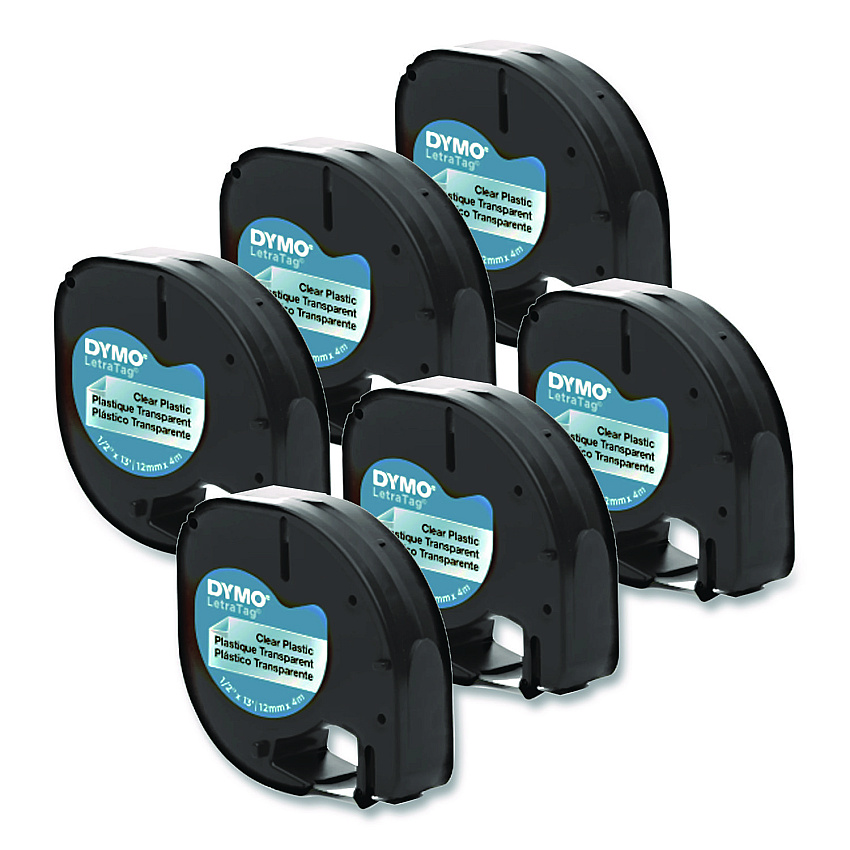 DYMO LetraTag Plastic Label Tape Cassette, 0.5" x 13 ft, Black on Clear, 6/Pack (2050824)