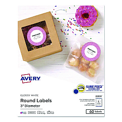 Avery Sure Feed Glossy Labels, 3" dia, White, 8 Labels/Sheet, 10 Sheets Pack (22891)