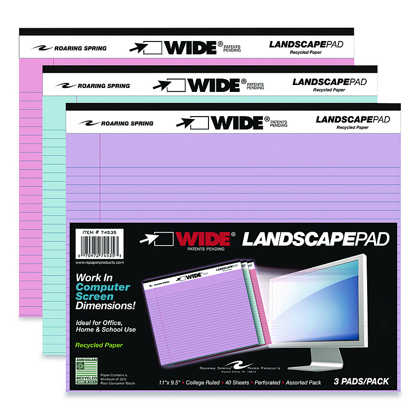 Roaring Spring WIDE Landscape Format Writing Pad, Unpunched, Medium/College Rule, Assorted Colors, (40) 11 x 8.5 Sheets, 3/Pack (74535)