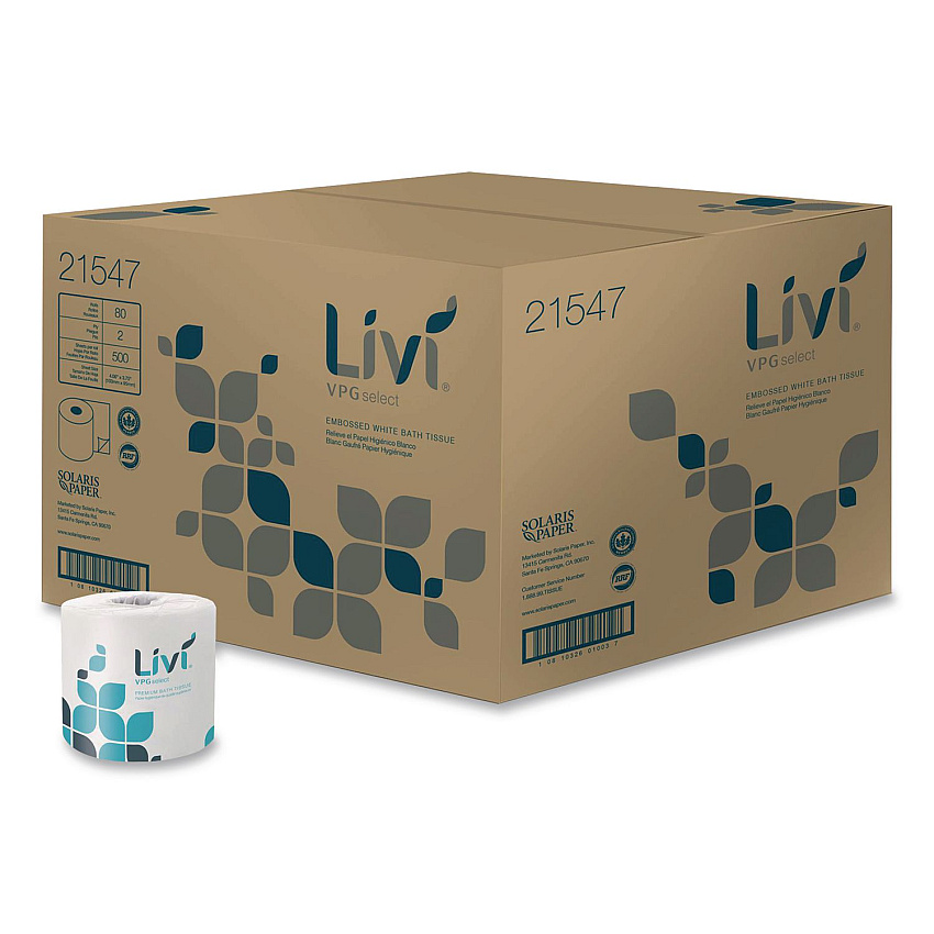 Livi VPG Select Bath Tissue, Septic Safe, 2-Ply, White, 500 Sheets/Roll, 80 Rolls/Carton (21547)