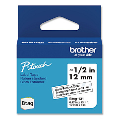 Brother Genuine P-Touch BTAG Label Tapes, 0.47" x 13.1 ft, Black on Clear (BTAG131)