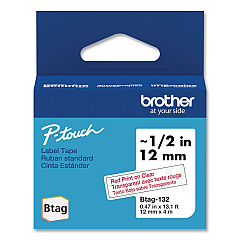 Brother Genuine P-Touch BTAG Label Tapes, 0.47" x 13.1 ft, Red on Clear (BTAG132)