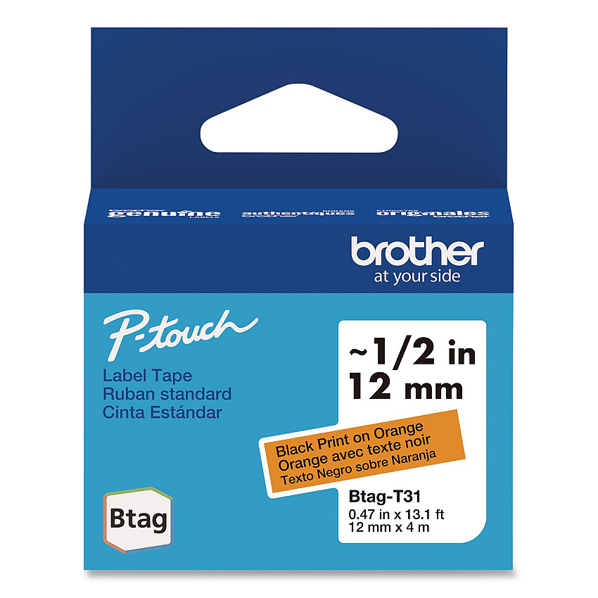 Brother Genuine P-Touch BTAG Label Tapes, 0.47" x 13.1 ft, Black on Orange (BTAGT31)