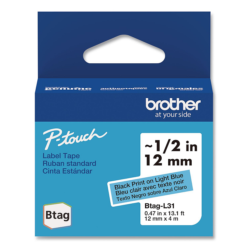Brother Genuine P-Touch BTAG Label Tapes, 0.47" x 13.1 ft, Black on Light Blue (BTAGL31)
