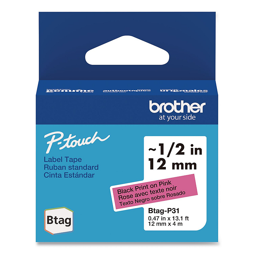 Brother Genuine P-Touch BTAG Label Tapes, 0.47" x 13.1 ft, Black on Pink (BTAGP31)